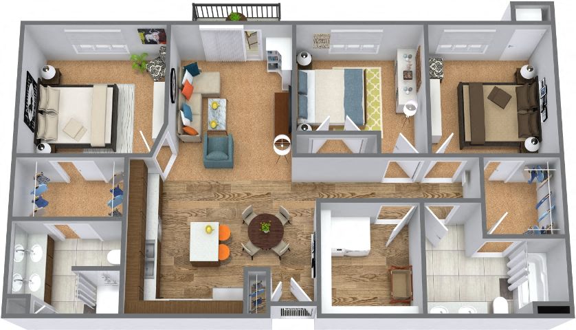 Floor plan for 3 beds, 2 baths, 1334 sqft